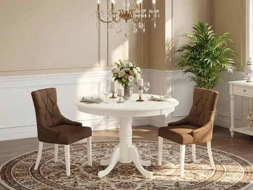 Vista 2 de East West Furniture HLFR3-LWH-18 - Juego de mesa y sillas de cocina de 3 piezas contiene una mesa redonda de comedor con pedestal y 2 sillas Parson
