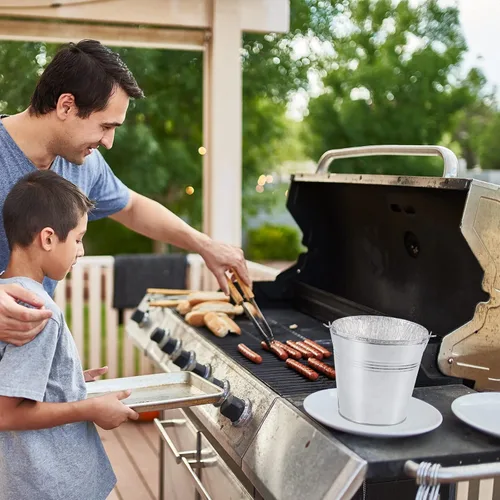 Vista 7 de meekoo Bandeja de revestimiento de cubo de grasa, 50 piezas de papel de aluminio, accesorios de parrilla para atrapar grasa, plateado, desechable