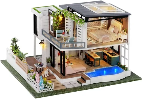 Vista 11 de Kit de casa de muñecas en miniatura con muebles, a prueba de polvo y movimiento de música