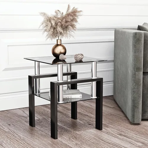 Vista 5 de Mesa auxiliar moderna de vidrio templado, mesa de centro cuadrada para sala de estar, mesa de té de cristal, mesa auxiliar de sofá (negro, 1 unidad)