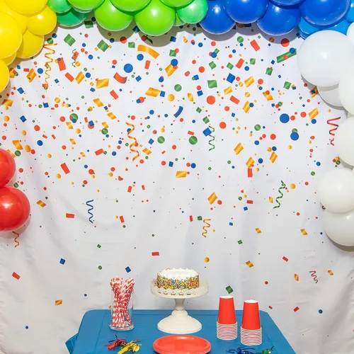 Vista 2 de Telón de fondo de cabina de fotos de feliz cumpleaños, decoración de fiesta de confeti colorido para niños y adultos (6 x 6 pies)