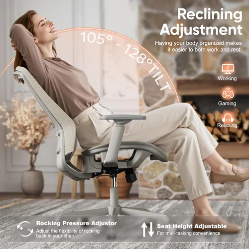 Vista 7 de ELABEST Silla de oficina de malla, silla ergonómica de escritorio para computadora, silla de tareas resistente, soporte lumbar ajustable y Beige