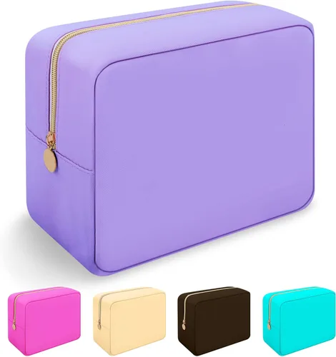 Vista 44 de Iqimott Bolsa Grande de Maquillaje de Nylon, Neceser de Viaje, Bolsa Grande de Cosméticos Preppy, Organizador de Maquillaje de Nylon, Bolsa de Beige