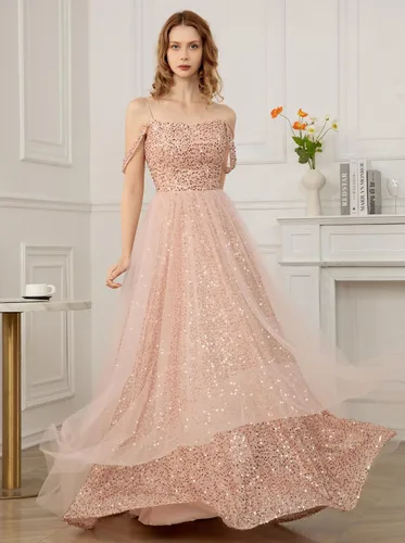 Vista 2 de Yexinbridal Vestidos de fiesta de lentejuelas con hombros descubiertos, vestido largo de tul con purpurina, vestido de fiesta de boda formal