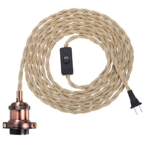 Vista 8 de PATIKIL Kit de cable de luz colgante de 15.4 pies, enchufe E26 con interruptor, cuerda trenzada industrial vintage para lámpara de granja