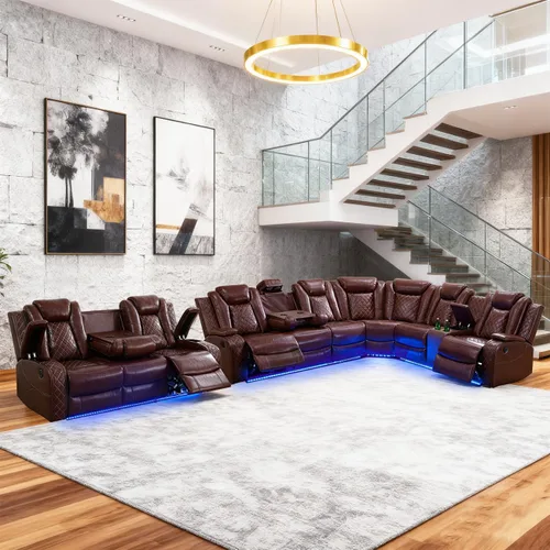 Vista 11 de Juego de sofá modular reclinable eléctrico para sala de estar, juego de sofá reclinable de cuero con luces LED / almacenamiento oculto, sofá