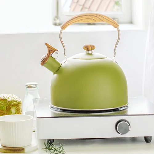 Vista 6 de Hervidor de té silbante de 2.5 L, hervidor de té de acero inoxidable, hervidor automático de agua hirviendo con asa, tetera para leche, té, café