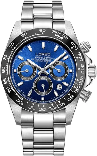 Vista 8 de LOREO Reloj Automático para Hombre de Acero Inoxidable Plateado con Cristal de Zafiro, Bisel de Cerámica, Fecha, Militar, de Buceo, Impermeable Negro