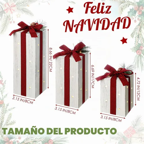 Vista 2 de Barydat 3 piezas de cajas de regalo iluminadas de Navidad para decoración de mesa de Navidad, centro de mesa rústico de madera para regalo