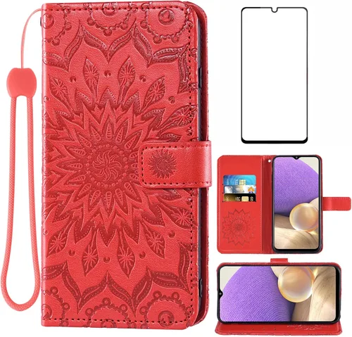 Vista 9 de Funda de teléfono para Samsung Galaxy A32 5G de 6.5 pulgadas con protector de pantalla de vidrio templado y cubierta delgada de cuero, soporte
