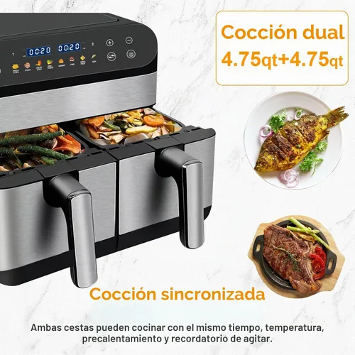 Vista 3 de Freidora de aire doble, 9.5 cuartos de galón con 2 cestas independientes, freidora de aire de doble zona, horno freidora de aire saludable sin