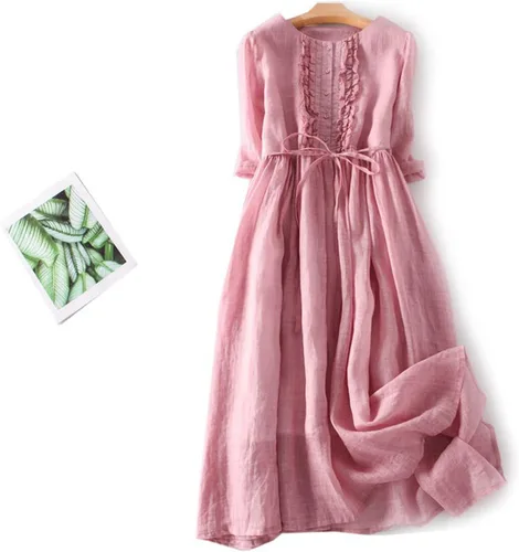Vista 2 de Gamivast Vestidos de lino de manga 34 para mujer, casual, de verano, manga corta, cintura alta, vestido camisero de lino con botones
