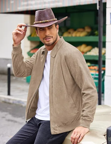 Vista 2 de COOFANDY Chaqueta bomber casual de ante para hombre, ligera, con cremallera completa, chaqueta de piel sintética vintage