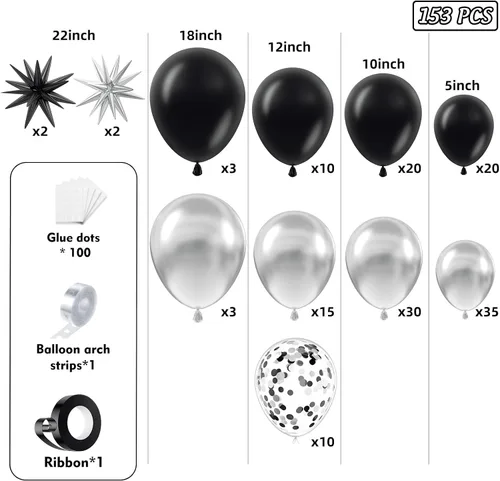 Vista 2 de Kit de arco de guirnalda de globos negros y plateados de 153 unidades con estrellas - 22 18 12 10 5 pulgadas de diferentes tamaños, globos de látex