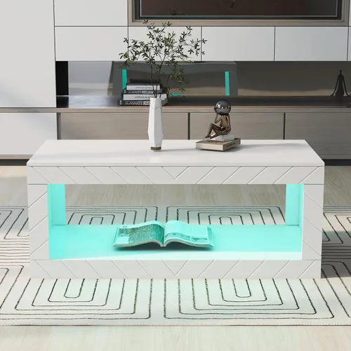 Vista 12 de Mesa de centro moderna con vidrio templado, mesa de cóctel de madera con superficie UV de alto brillo, mesa central rectangular modernista de 2 Negro