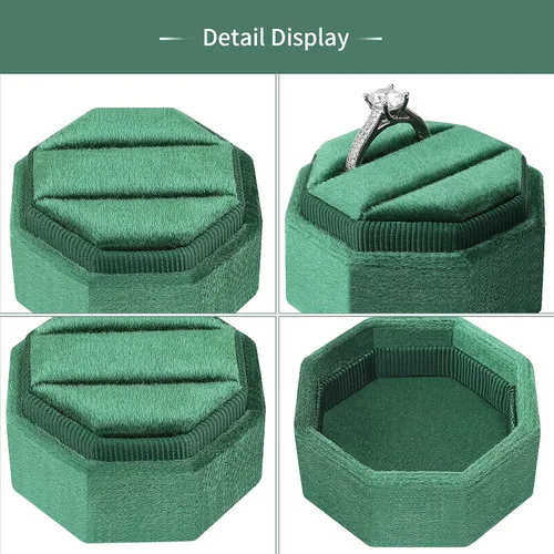 Vista 4 de DesignSter Caja de terciopelo octágono, soporte de exhibición de doble anillo vintage con tapa desmontable para propuesta, compromiso, boda