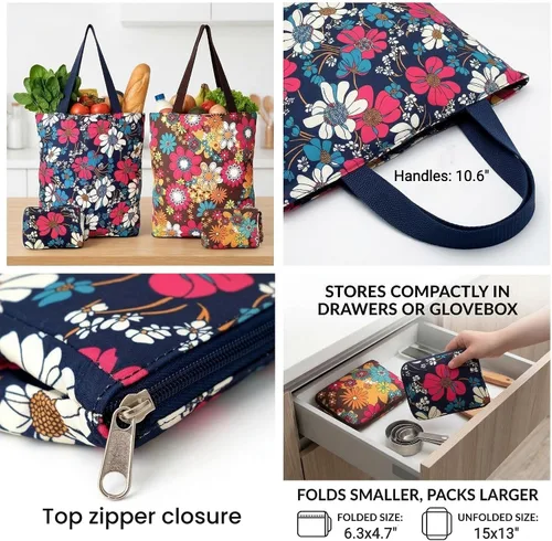 Vista 5 de Bolsas de compras reutilizables para cocina, plegable, con cremallera, diseño floral, resistente, paquete de 2