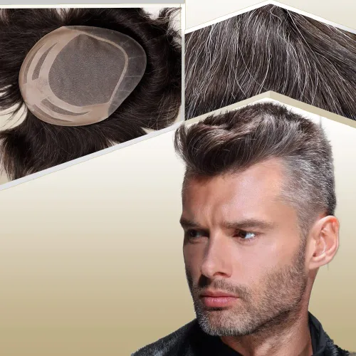Vista 18 de Sistema de reemplazo de cabello humano para hombre, tupé para hombre, piel fina con parte superior de encaje mono y la parte trasera de poliuretano