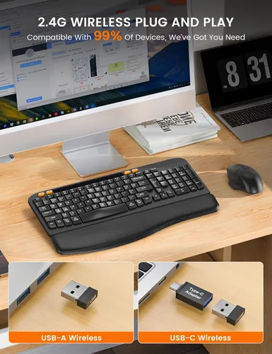 Vista 7 de SABLUTE - Combo de teclado y mouse inalámbricos ergonómicos con llave Wave Leather Soft Palm Rest, Rechargeable, 4-Level DPI, Phone Holder