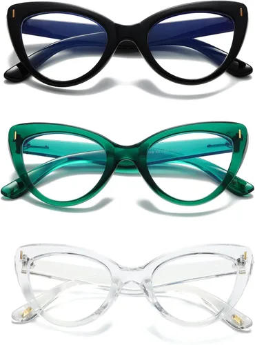 Vista 10 de Viseng Juego de 3 elegantes gafas de lectura con forma de ojo de gato para mujer con protección contra la luz azul (+0.0)