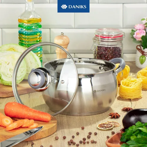 Vista 2 de Daniks - Olla moderna de acero inoxidable con tapa de vidrio, inducción, 2 cuartos, olla apta para lavavajillas, asas a prueba de calor, olla