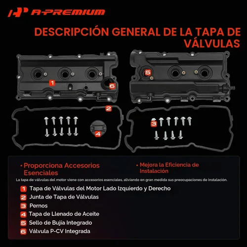 Vista 6 de A-Premium Par [2] Cubiertas de válvulas del motor izquierda derecha con junta y pernos y tapa de llenado de aceite compatible con 2005-2019 Nissan