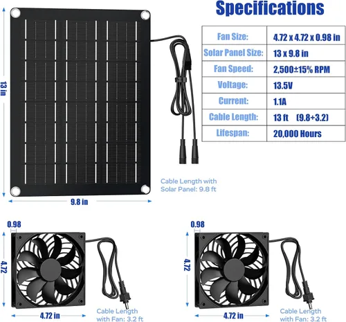 Vista 8 de MARBERO Kit de ventilador solar de 4.7 pulgadas, panel solar de 15 W con 2 ventiladores impermeables, ventilador de aire de entrada o escape