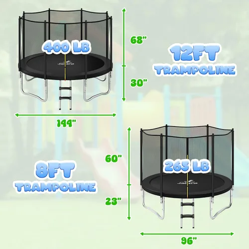 Vista 9 de JELENS Trampolín de 8 pies, 10 pies, 12 pies, 14 pies, 15 pies, trampolines para exteriores con red de cierre y escalera, trampolines recreativos