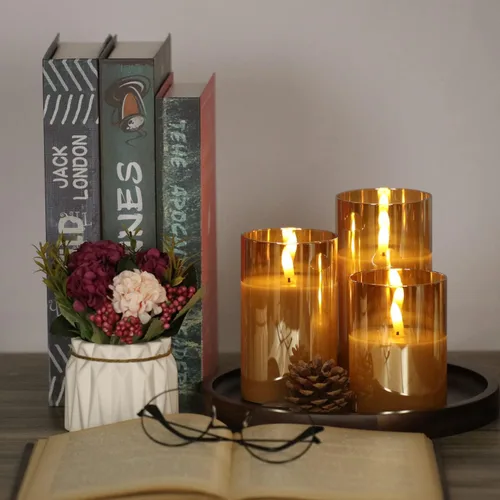 Vista 4 de Juego de 3 velas de cristal dorado sin llama con control remoto y temporizador, velas LED de cera real controladas con llama 3D parpadeante, D 3