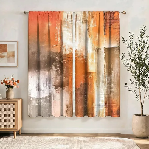 Vista 19 de MESHELLY Cortinas Rojas Abstractas 42Wx63H Pulgadas Bolsillo para Varilla Bloques Rústicos Borgoña Marrón Pintura al Óleo Casa de Campo Dormitorio