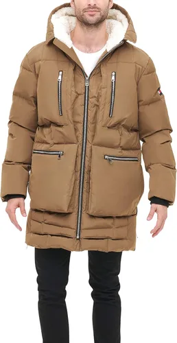 Vista 10 de Tommy Hilfiger Parka pesada acolchada con capucha Sherpa para hombre, Blanco Verde militar