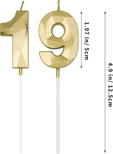 Vista 2 de Velas de cumpleaños número 19 y 91 para pastel, velas doradas con forma de diamante 3D con forma de diamante, decoraciones de cumpleaños