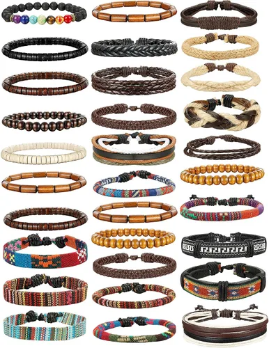 Vista 2 de FIBO STEEL 31 pulseras de cuero trenzado para hombres y mujeres cuentas de madera pulseras tribales de cáñamo geniales pulseras punk pulseras