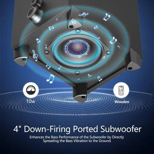 Vista 3 de Altavoces Bluetooth para computadora OROW, altavoz de PC con subwoofer, altavoces inalámbricos de 18W con perilla frontal, compatibles con AUX