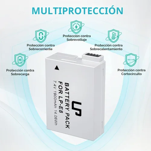 Vista 5 de LP Batería de repuesto E8, paquete de 2 baterías E8 de 1900 mAh para cámara digital Canon EOS Rebel T2i, T3i, T4i, T5i, EOS 550D, EOS 600D, EOS