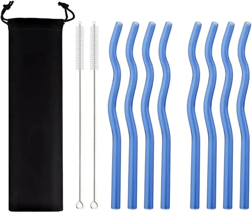 Vista 18 de JASHII Pajitas de vidrio ondulado negro – 8 piezas, 7.87 x 0.31 pulgadas, reutilizables con bolsa negra, multicolor para beber bebidas