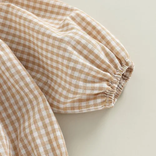 Vista 6 de Douhoow Mameluco a cuadros para bebé niña, sudadera con volantes, ropa para festivales de otoño e invierno con diadema