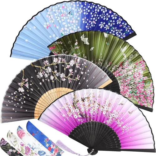 Vista 10 de Zonon 4 Pack de abanicos de mano florales plegables, abanicos de seda de bambú con borla para mujer, abanico de mano hueco plegable con funda