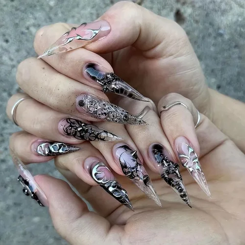 Vista 15 de MISUD Uñas a presión largas Stiletto con pegamento de plata cromada, diseño de cadena gótica Y2K acrílica 24 piezas
