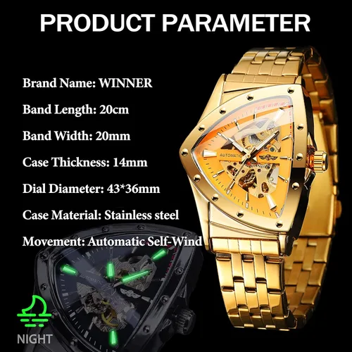 Vista 7 de FORSINING Reloj mecánico automático de esqueleto triangular para hombre, de lujo, dorado, negro, acero inoxidable, impermeable, luminoso, deportivo