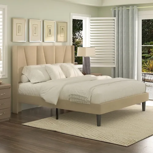 Vista 9 de IMUsee Base de cama tamaño King con cabecera geométrica con respaldo de alas, plataforma tapizada con soporte de listones de madera, no necesita