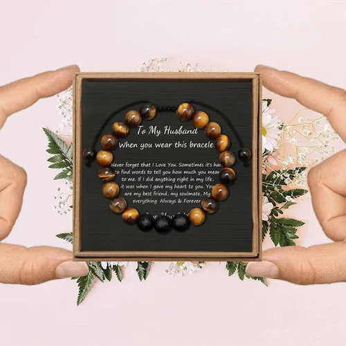 Vista 7 de JoycuFF Pulsera de ojo de tigre para hombre, regalo de aniversario, cumpleaños, día del padre, regalo de Navidad para novio, papá, hijo, esposo