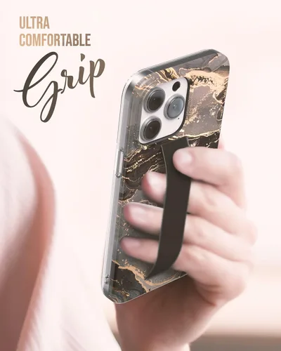 Vista 6 de ENCASED Funda para iPhone 14 PRO con correa de mano y protector de pantalla (anillo de mármol dorado)