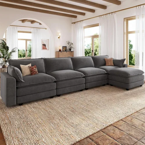 Vista 14 de Sofá de nube en forma de L de 118 pulgadas, sofá modular de gran tamaño con otomana móvil, cómodo sofá de felpilla de 4 plazas con asiento profundo