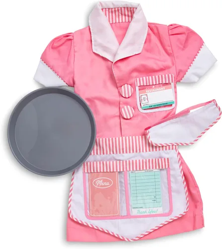Vista 4 de Melissa & Doug Juego de disfraz de camarera (7 piezas) – Incluye delantal, almohadilla de pedido, gorra rosa de 3 a 6 años