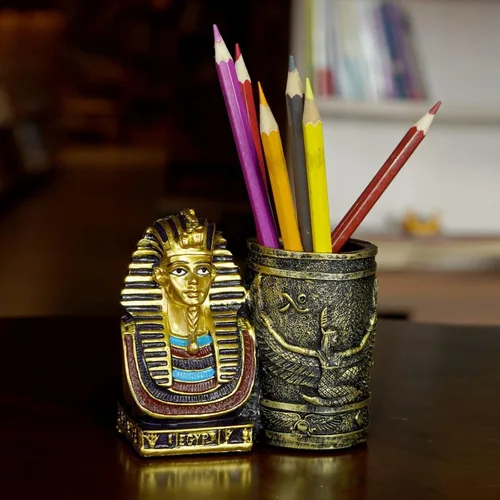 Vista 7 de Portalápices egipcio antiguo, vaso para bolígrafo King Pharaoh, soporte para bolígrafos para escritorio, oficina, organizador de bolígrafos