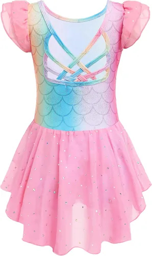 Vista 13 de Arshiner - Malla de ballet con mangas de volantes brillantes y falda con espalda cruzada para niñas Floral rosa aguamarina