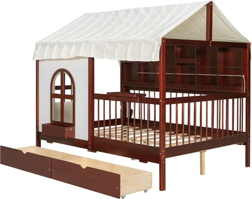 Vista 5 de House Bed Canopy Curtains Full Size, Wood Platform Bed Frame with Storage Drawers Bookshelf Lights Rails Slats Headboard Charging Station 600lbs