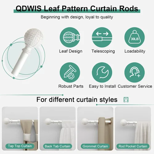 Vista 6 de QDWIS Barras de cortina de bola blancas antiguas para ventanas de 28 a 48 pulgadas, barra de cortina ajustable resistente de 1 pulgada, juego