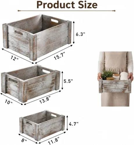 Vista 2 de Hacaroa Paquete de 3 cajas de madera con asas, caja de almacenamiento rústica para anidar, cestas de madera decorativas para frutas, verduras